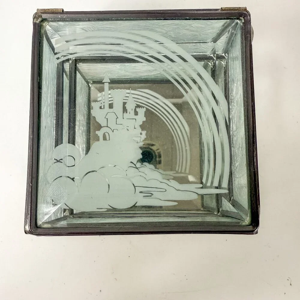 Vintage Disney Etched Castle Rainbow Metal Glass Display Mirror Square Box